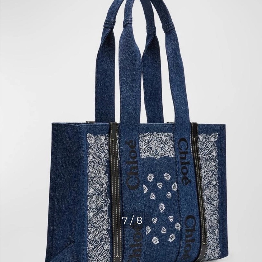 CHLOE
x High Summer Woody Medium Tote Bag in Bandana Embroidered Denim